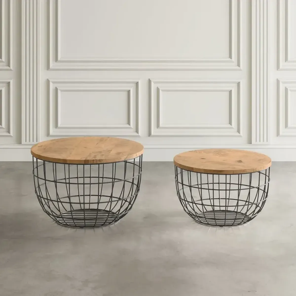 Jofran Rondo Nested Storage Solid Wood and Metal Basket Coffee Tables (Set of 2)