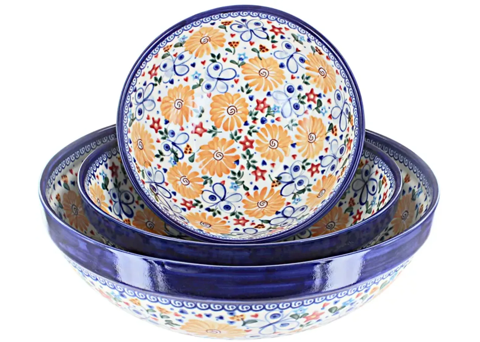 Blue Rose Polish Pottery Garden Butterfly 3 Piece Serving Bowl Set