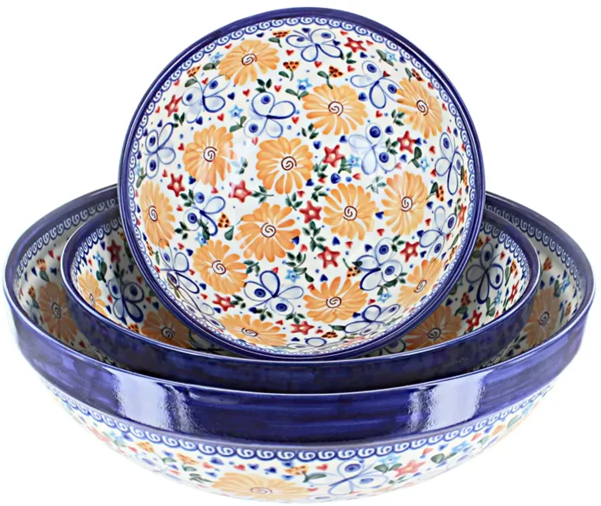 Blue Rose Polish Pottery Garden Butterfly 3 Piece Serving Bowl Set