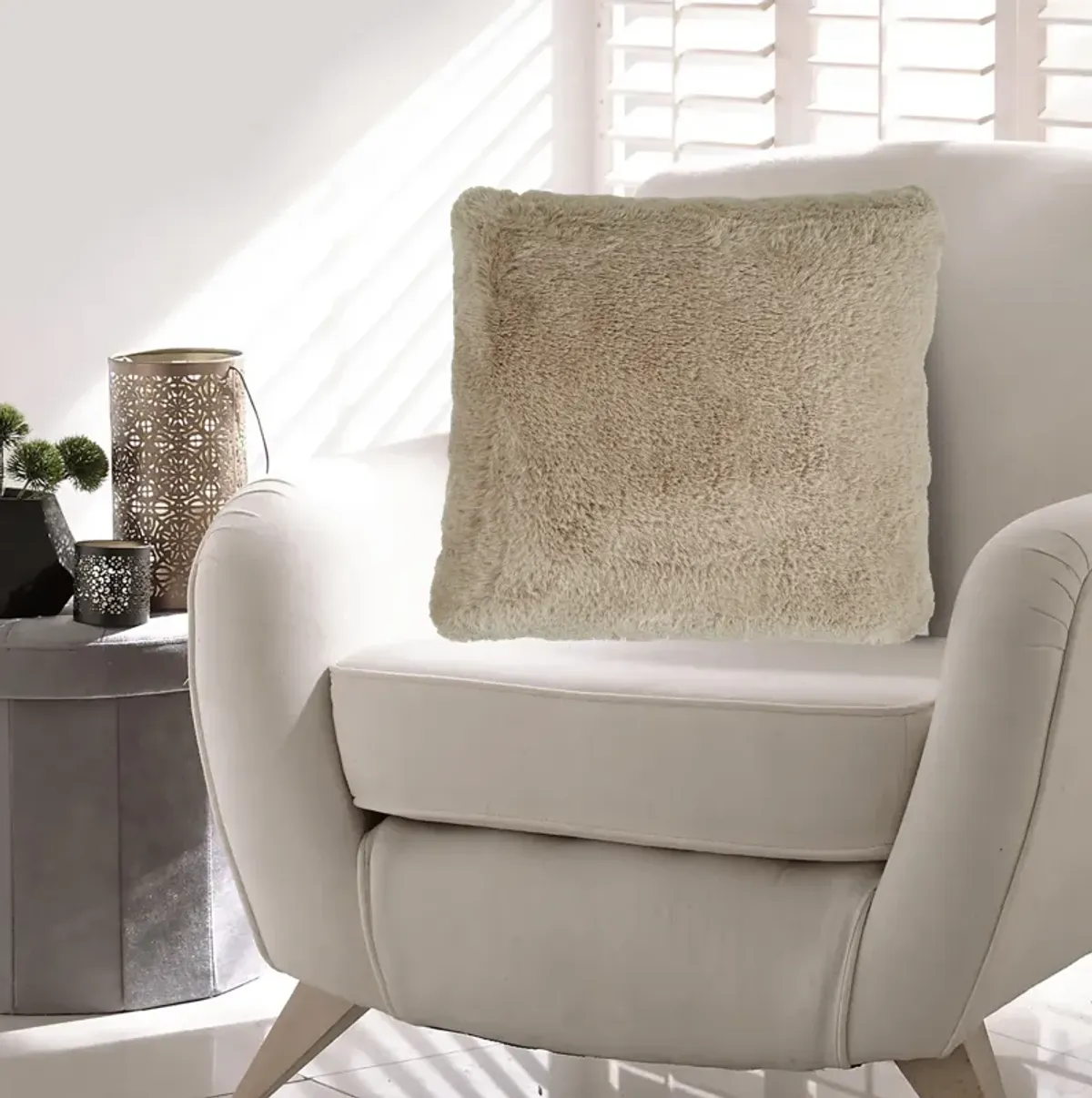 Difi Throw Pillow Set of 4, 20 Inch, Faux Rabbit Fur Face, Taupe Polyester -