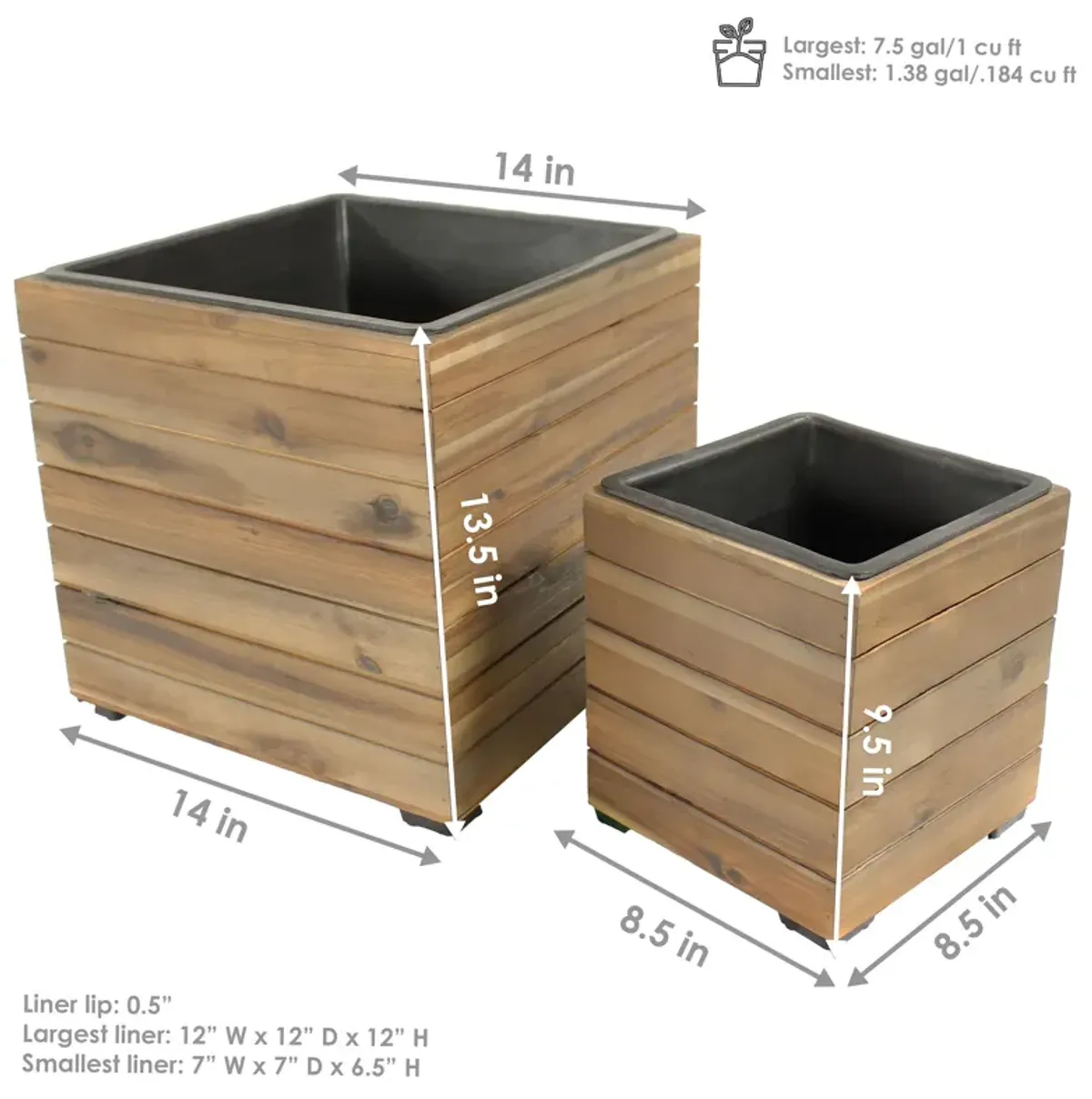 Sunnydaze 2-Piece Acacia Square Planter Boxes with Liners