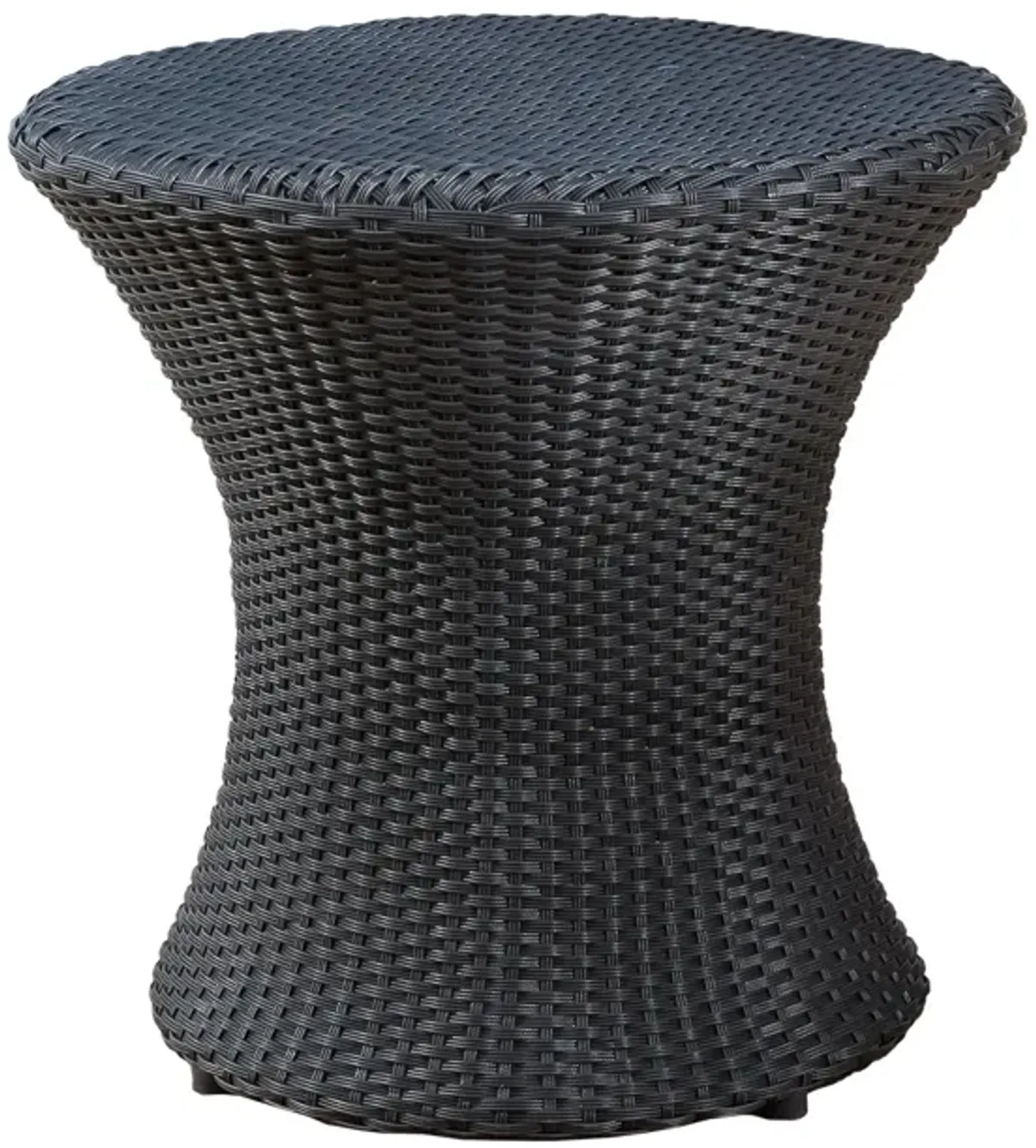 Loco Outdoor Side Table, Hourglass Shape, Round 20 Inch, Black Rattan - Benzara