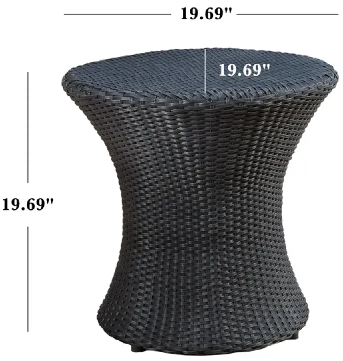 Loco Outdoor Side Table, Hourglass Shape, Round 20 Inch, Black Rattan - Benzara