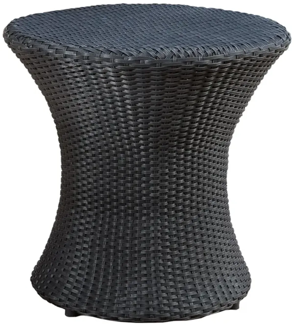 Loco Outdoor Side Table, Hourglass Shape, Round 20 Inch, Black Rattan - Benzara