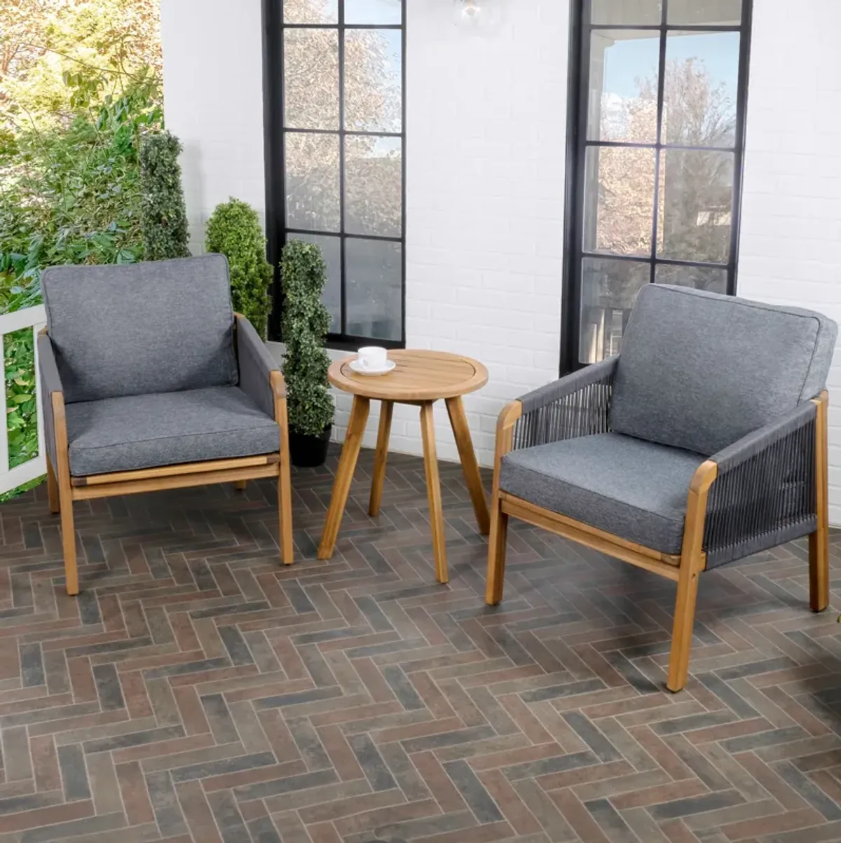 Aveiro 3-Piece Modern Bohemian Roped Acacia Wood Conversation Outdoor Patio Set with Cushions