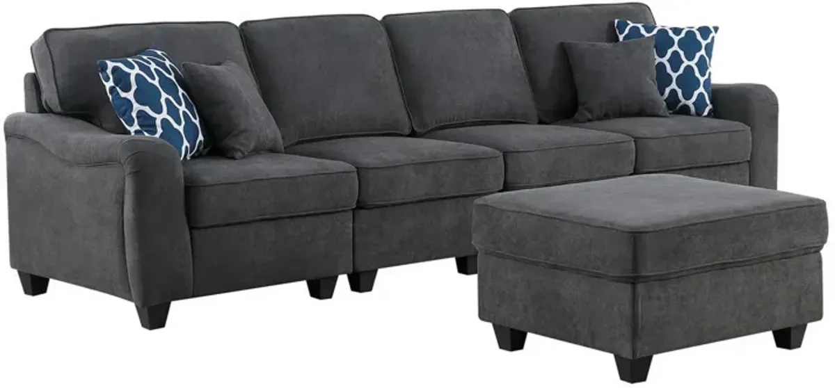 Lulu  Sectional 5 Seater Sofa, Ottoman, 4 Pillows, Woven Dark Gray-Benzara