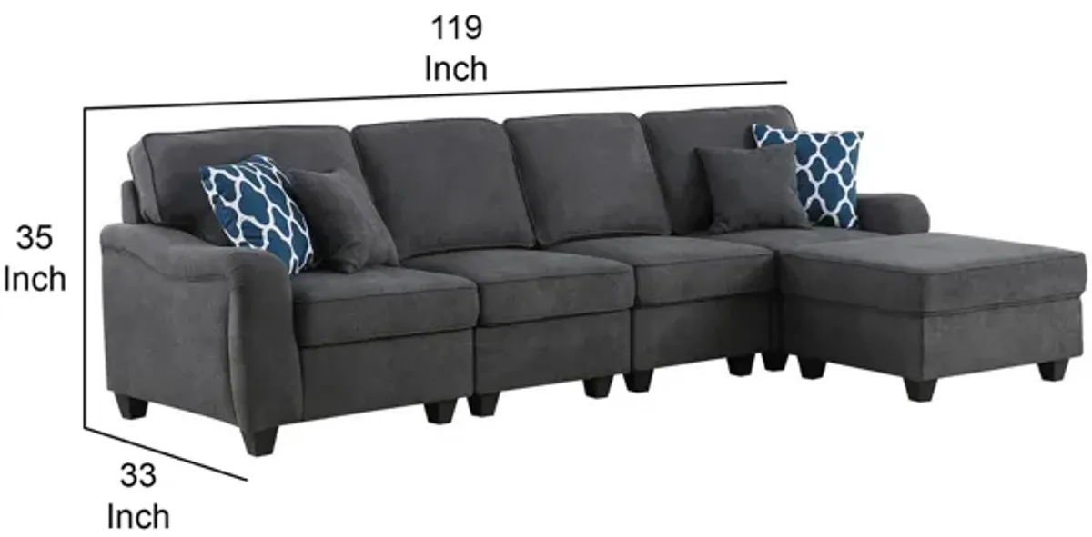 Lulu  Sectional 5 Seater Sofa, Ottoman, 4 Pillows, Woven Dark Gray-Benzara