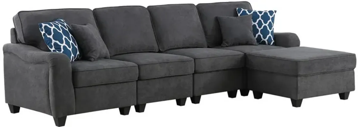 Lulu  Sectional 5 Seater Sofa, Ottoman, 4 Pillows, Woven Dark Gray-Benzara