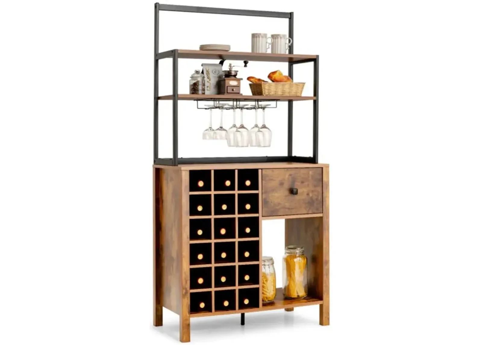 Hivvago Kitchen Bakers Rack Freestanding Wine Rack Table with Glass Holder and Drawer