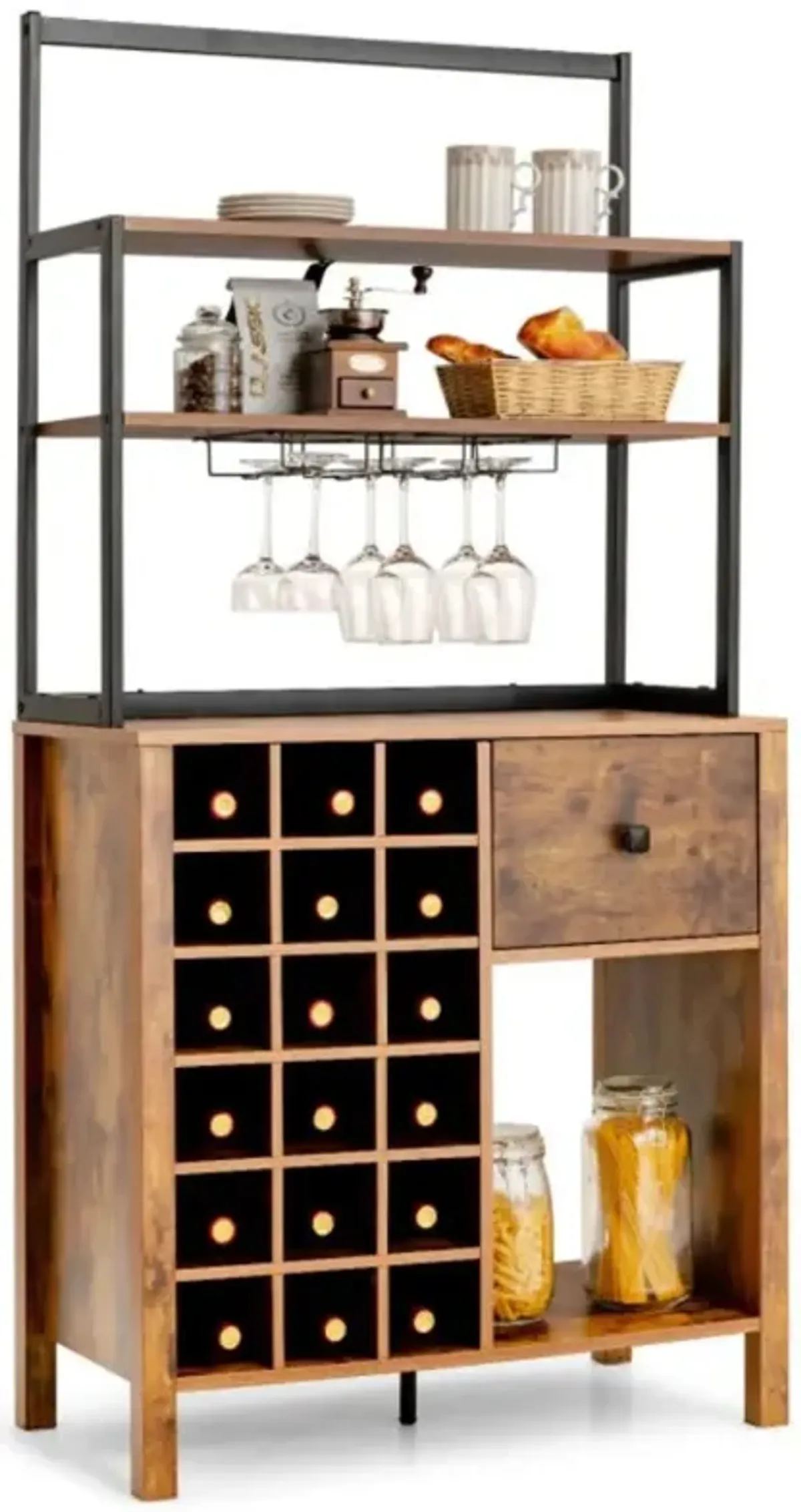 Hivvago Kitchen Bakers Rack Freestanding Wine Rack Table with Glass Holder and Drawer