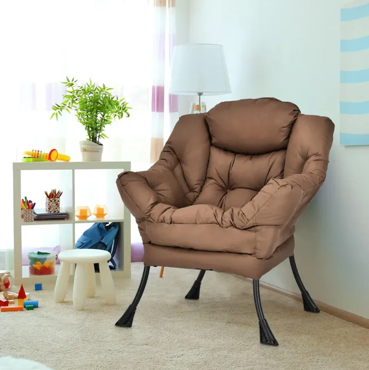 Modern Polyester Fabric Lazy Chair with Steel Frame and Side Pocket