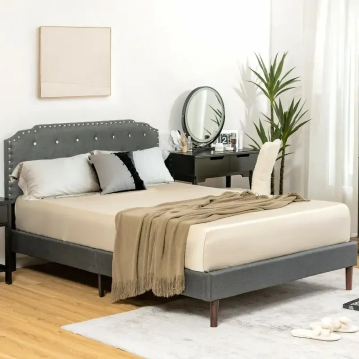 Hivvago Upholstered Bed Frame with Adjustable Diamond Button Headboard