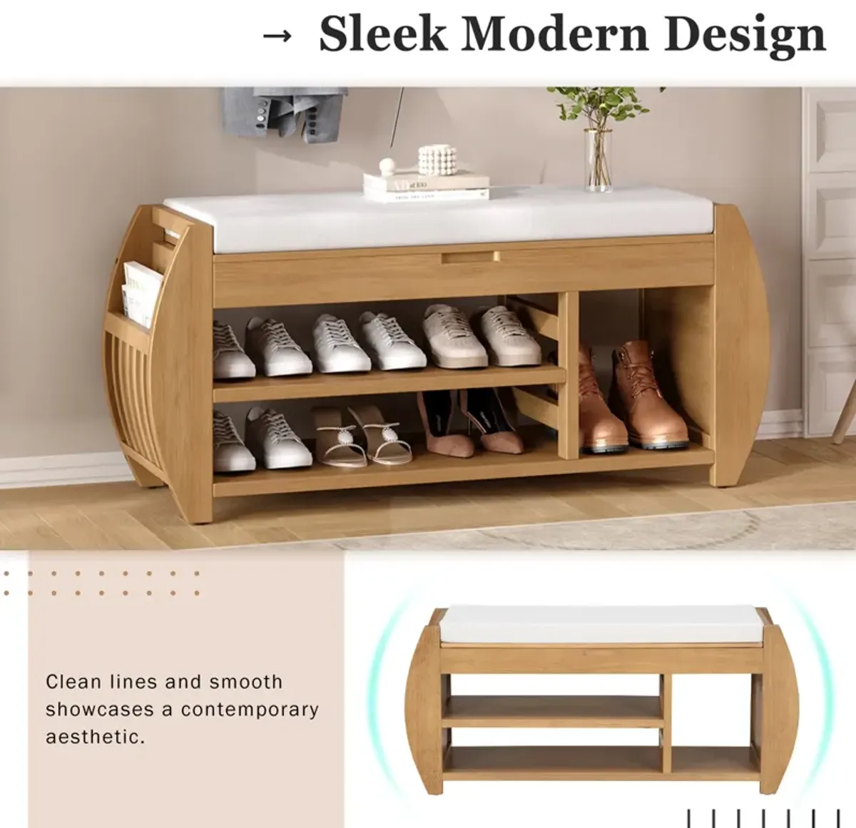 Clihome Shoe Storage Bench, Shoe Bench with Cushion and Curved Side, Shoe Bench Retro Multifunctional Panel for Entryway and Living room, Black