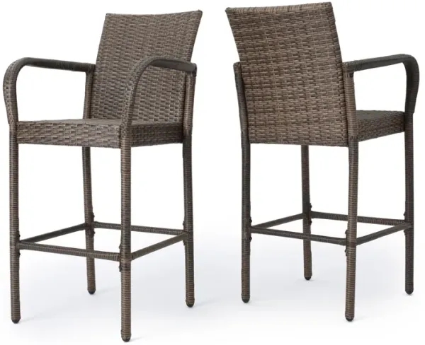Drip Outdoor Barstool Chair Set of 2, Brown PE Rattan Woven and Iron - Benzara