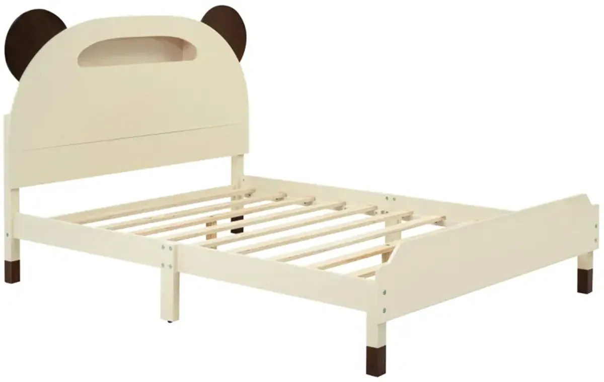 Full Size Wood Platform Bed with Bear-shaped Headboard, Bed with Motion Activated Night Lights, Cream+Walnut