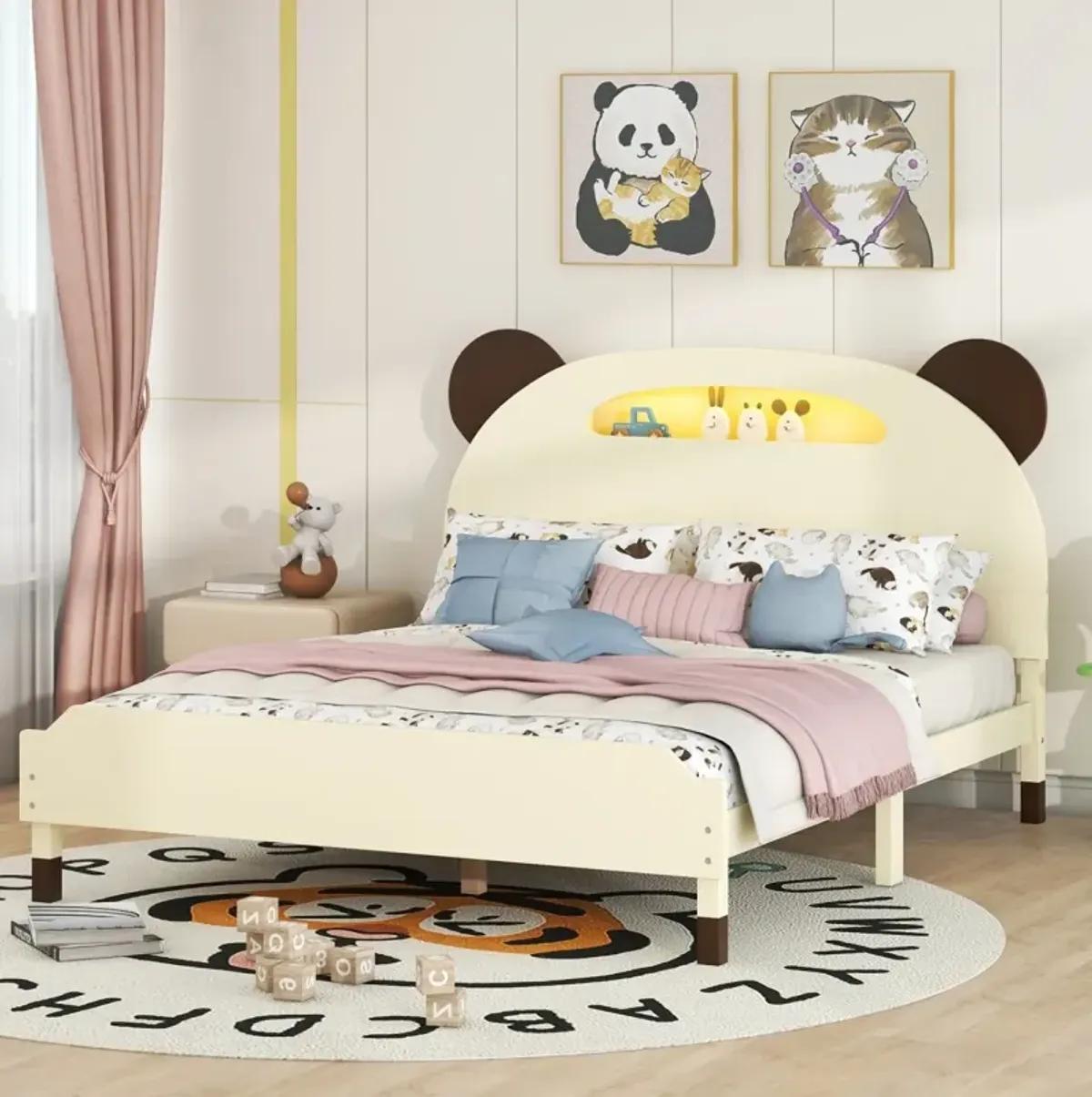 Full Size Wood Platform Bed with Bear-shaped Headboard, Bed with Motion Activated Night Lights, Cream+Walnut