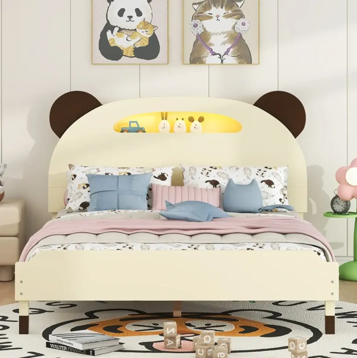 Full Size Wood Platform Bed with Bear-shaped Headboard, Bed with Motion Activated Night Lights, Cream+Walnut