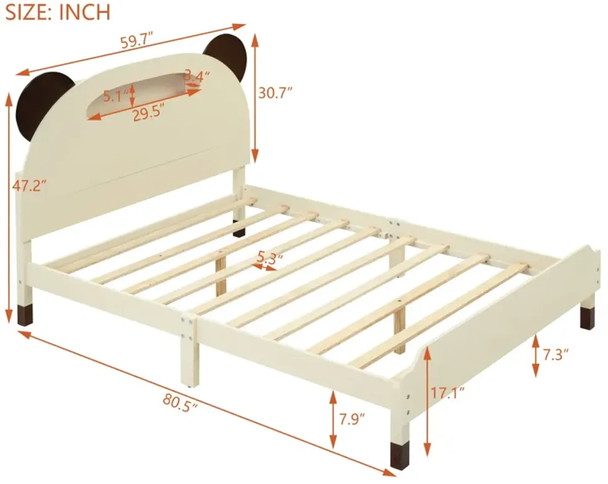 Full Size Wood Platform Bed with Bear-shaped Headboard, Bed with Motion Activated Night Lights, Cream+Walnut