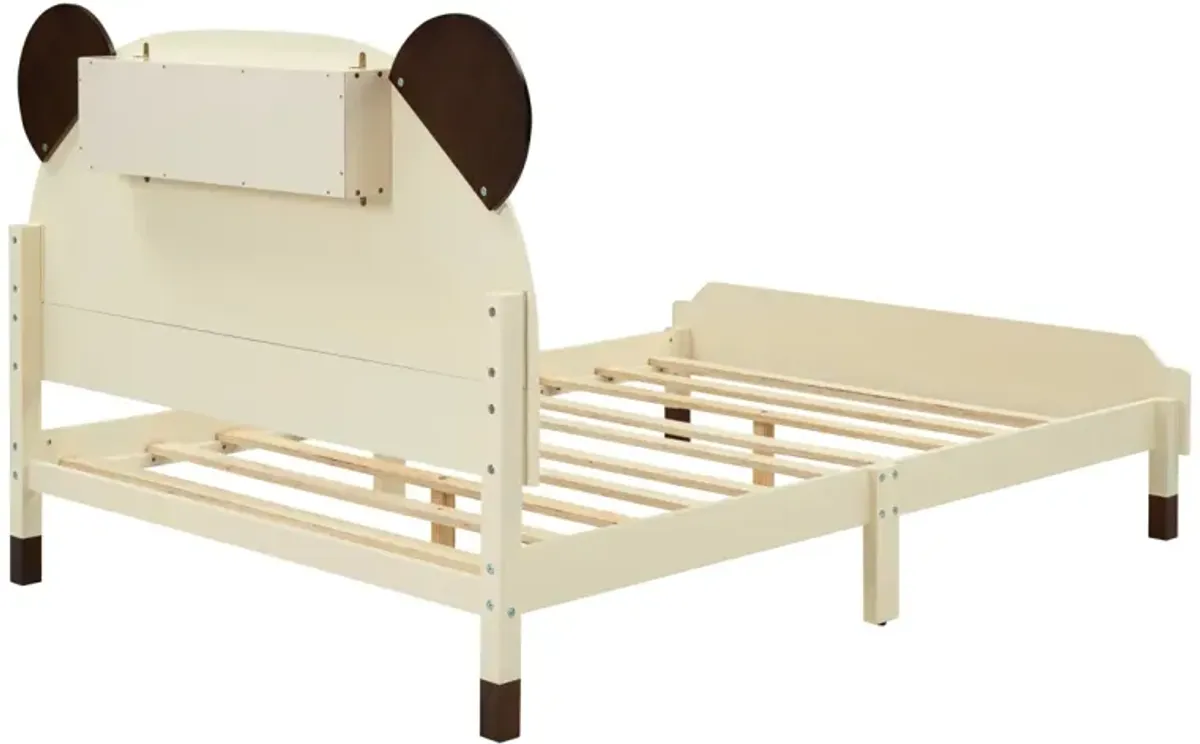 Full Size Wood Platform Bed with Bear-shaped Headboard, Bed with Motion Activated Night Lights, Cream+Walnut