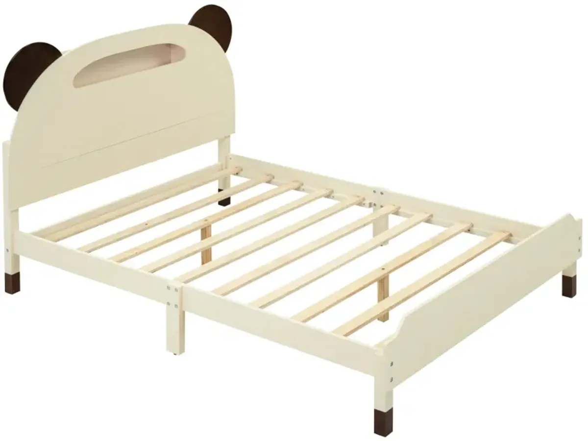 Full Size Wood Platform Bed with Bear-shaped Headboard, Bed with Motion Activated Night Lights, Cream+Walnut