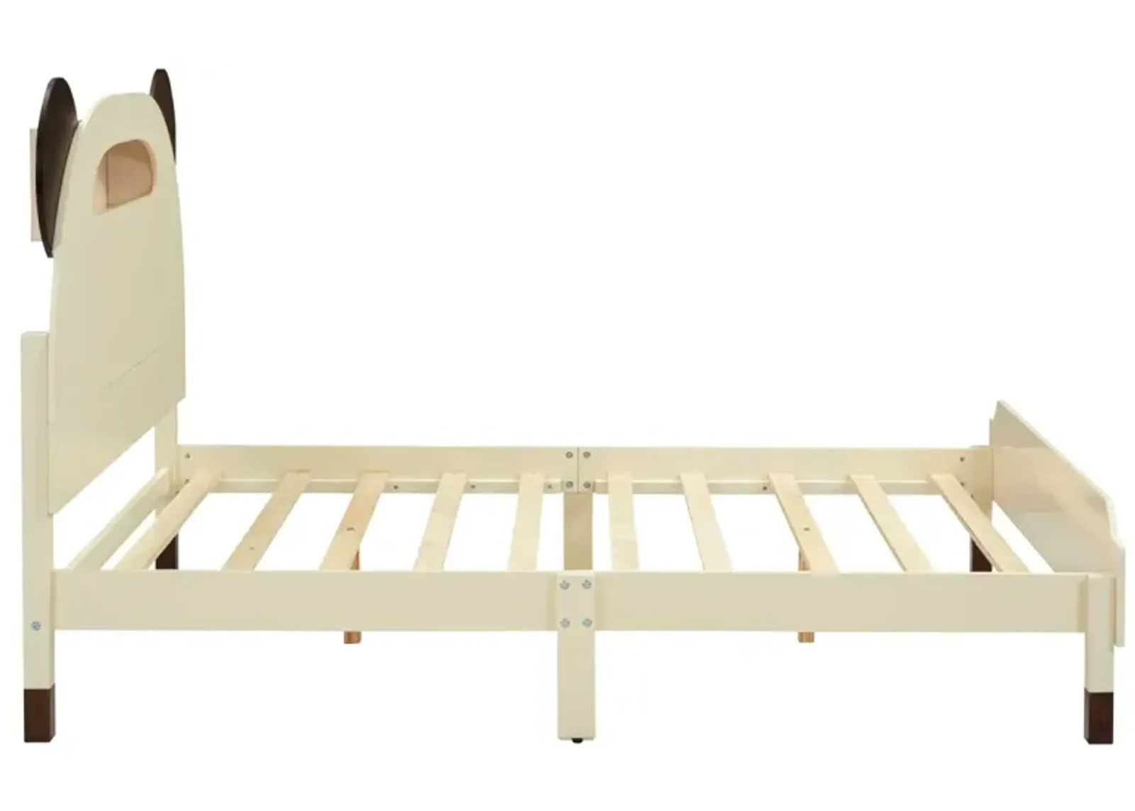 Full Size Wood Platform Bed with Bear-shaped Headboard, Bed with Motion Activated Night Lights, Cream+Walnut