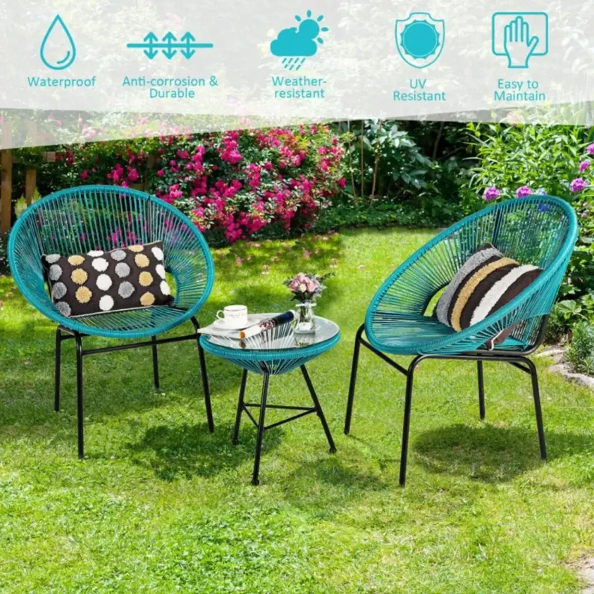 Hivvago 3 Pieces Patio Acapulco Furniture Bistro Set with Glass Table