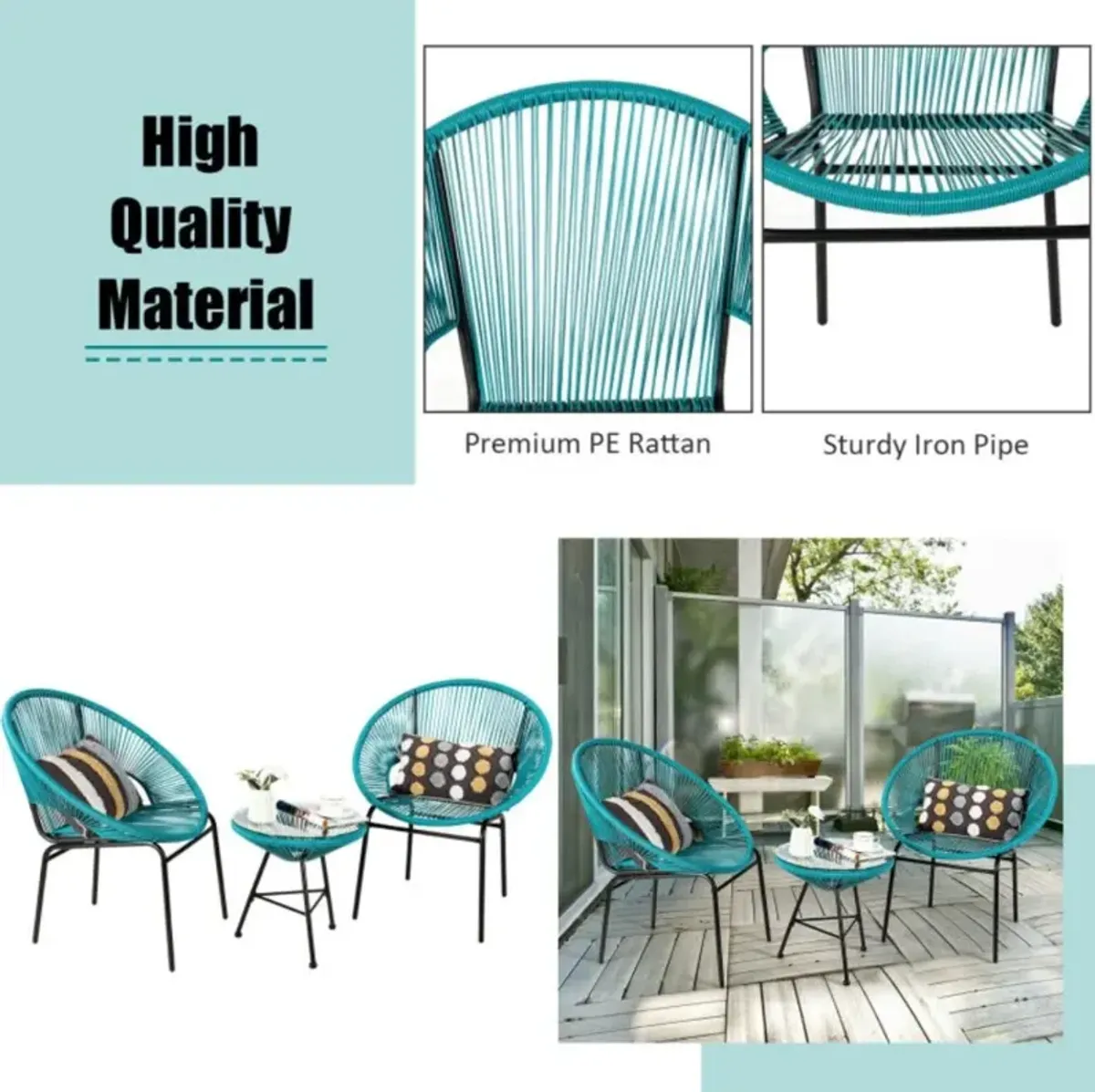 Hivvago 3 Pieces Patio Acapulco Furniture Bistro Set with Glass Table