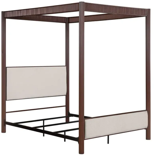 Zemy Queen Canopy Bed with 4 Posts, Beige Upholstery, Brown Metal - Benzara
