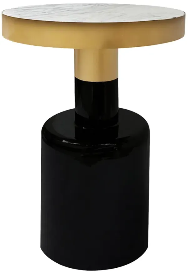 20 Inch Round Side End Table, Gold Banded Natural White Marble Top, Black Enamel Coated Iron Pedestal Base - Benzara