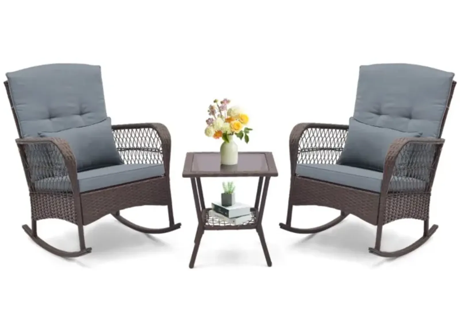 Hivvago 3 Pieces Rocking Bistro Set with 2-Tier Coffee Table