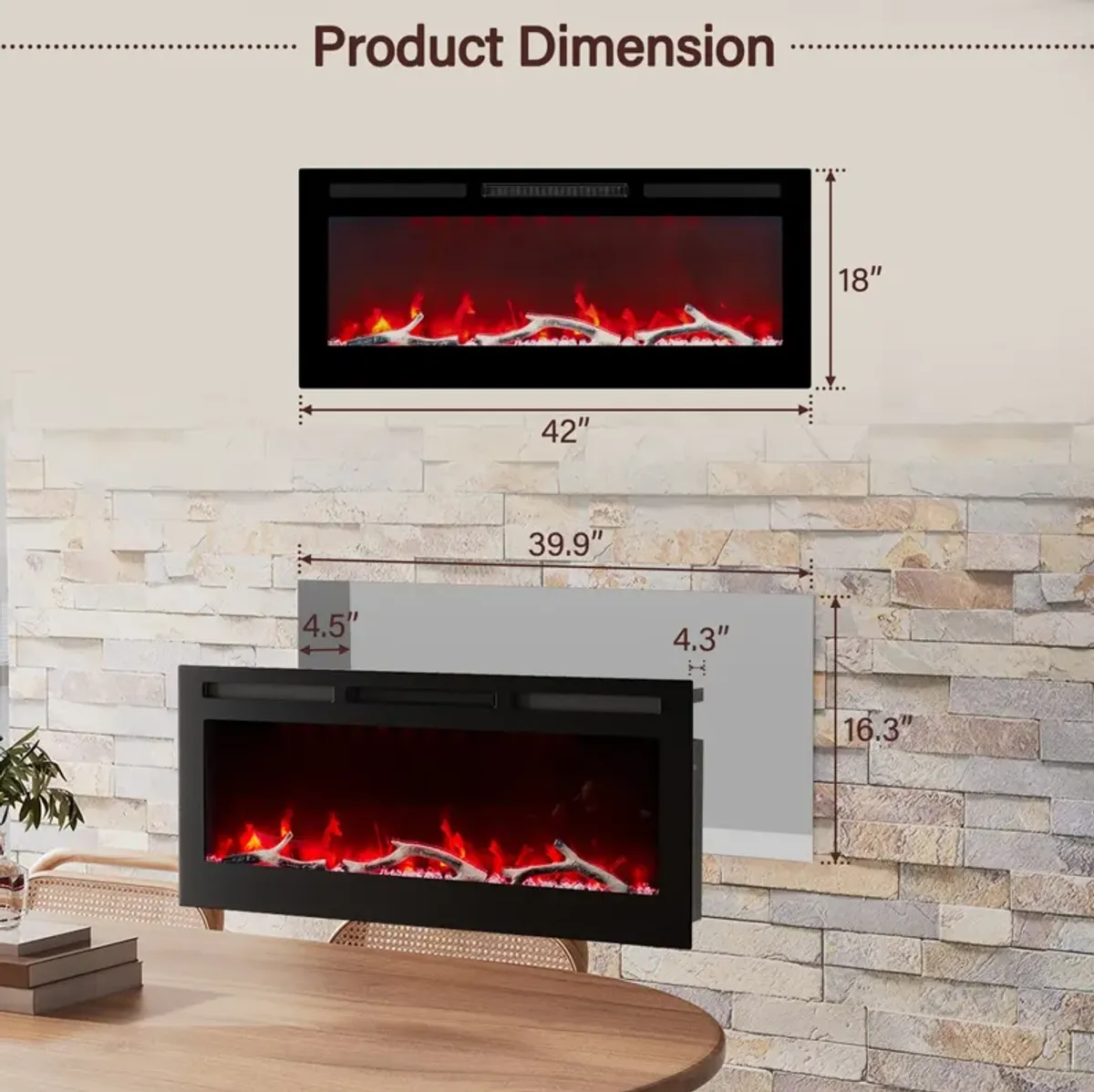 42 Inch 1500W  Versatile Installation Electric Fireplace with Multicolor Flame