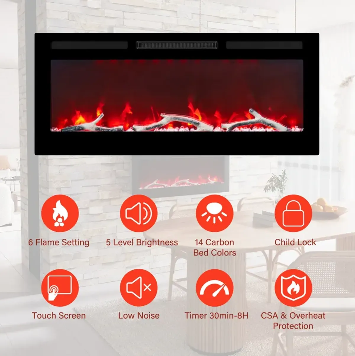 42 Inch 1500W  Versatile Installation Electric Fireplace with Multicolor Flame