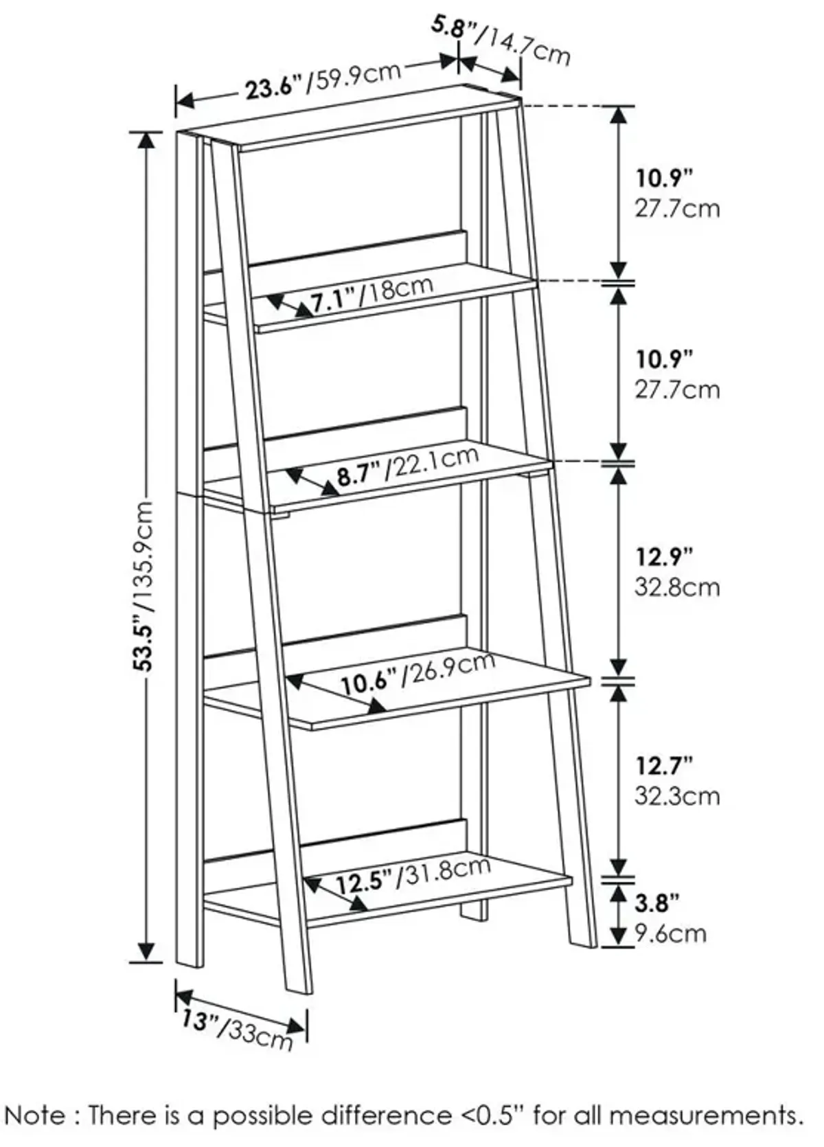 Furinno 5-Tier Ladder Bookcase Display Shelf, French Oak