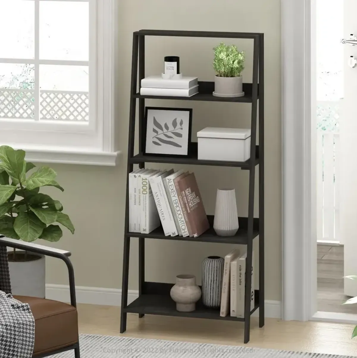 Furinno 5-Tier Ladder Bookcase Display Shelf, French Oak