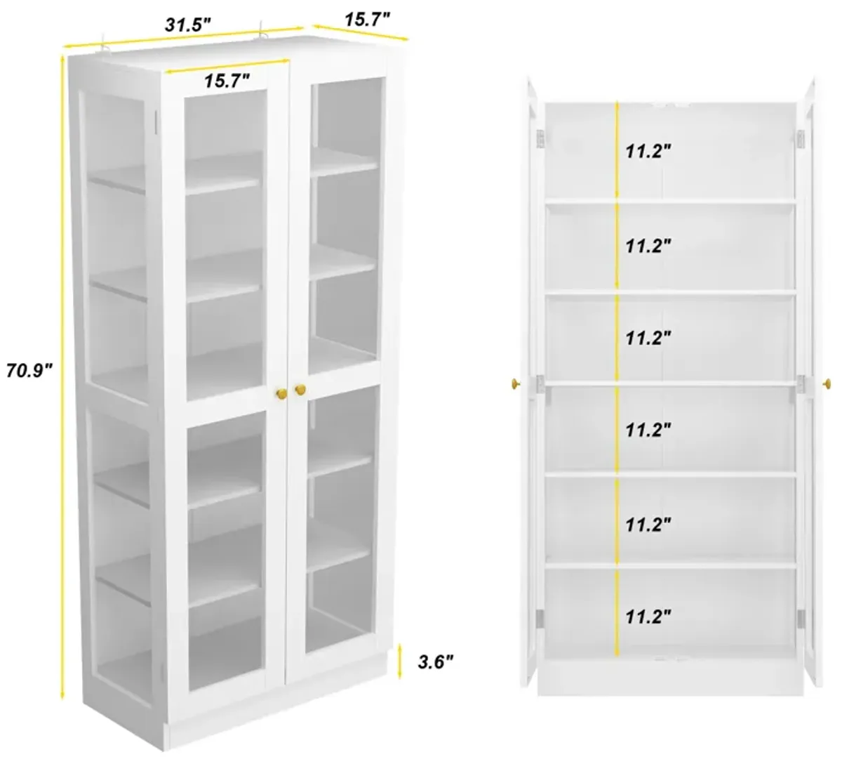 70.9 in. H White Wood 2-Glass Door Accent Cabinet with 6-Tier Shelves Kitchen Pantry Cupboard Storage Cabinet