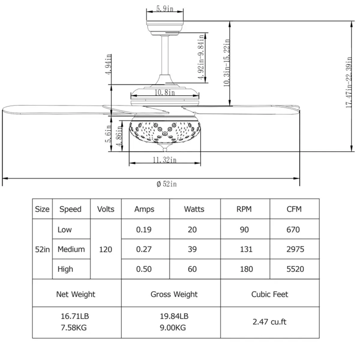 52 Inches Ceiling Fan with Remote Control