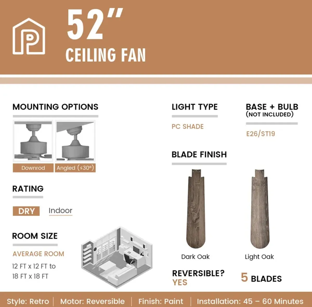 52 Inches Ceiling Fan with Remote Control