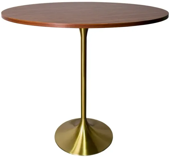LeisureMod Bar Height Table Brushed Gold Base with 48 Round Cognac Brown MDF Top