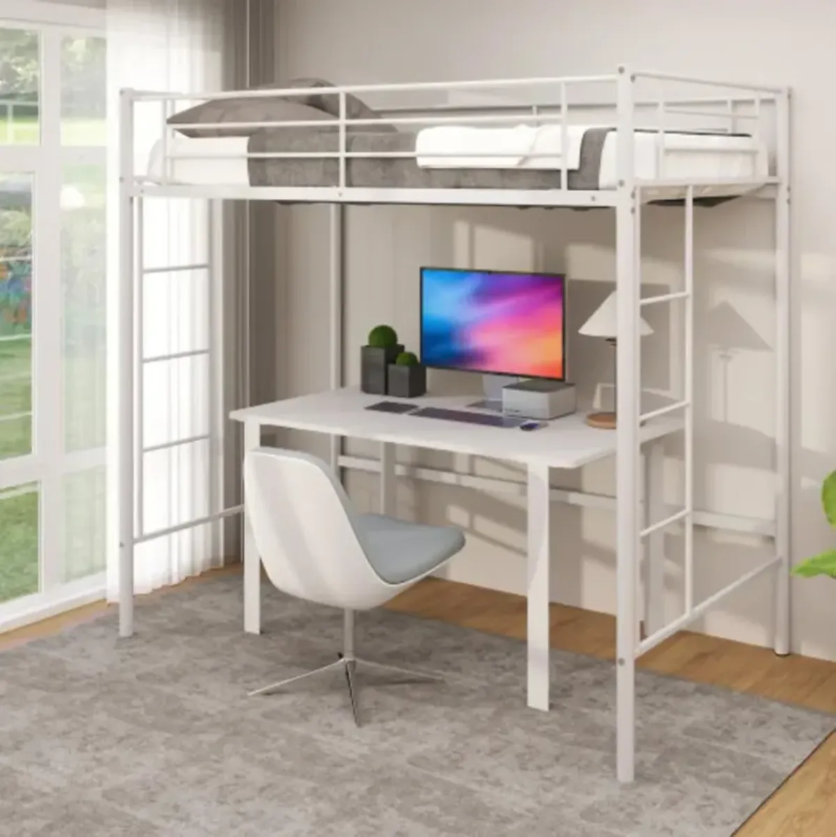 Twin Loft Bed Frame with Dual Ladders and Full-Length Guardrail for Enhanced Safety