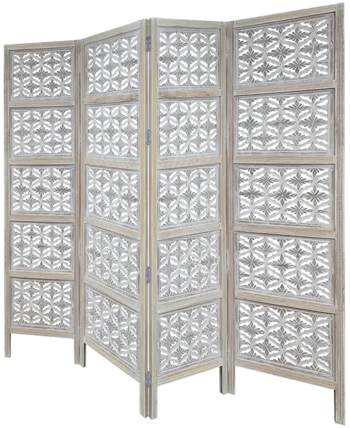 Taj 4 Panel Folding Room Divider Screen, Antique White Mango Wood, Floral Carved Design