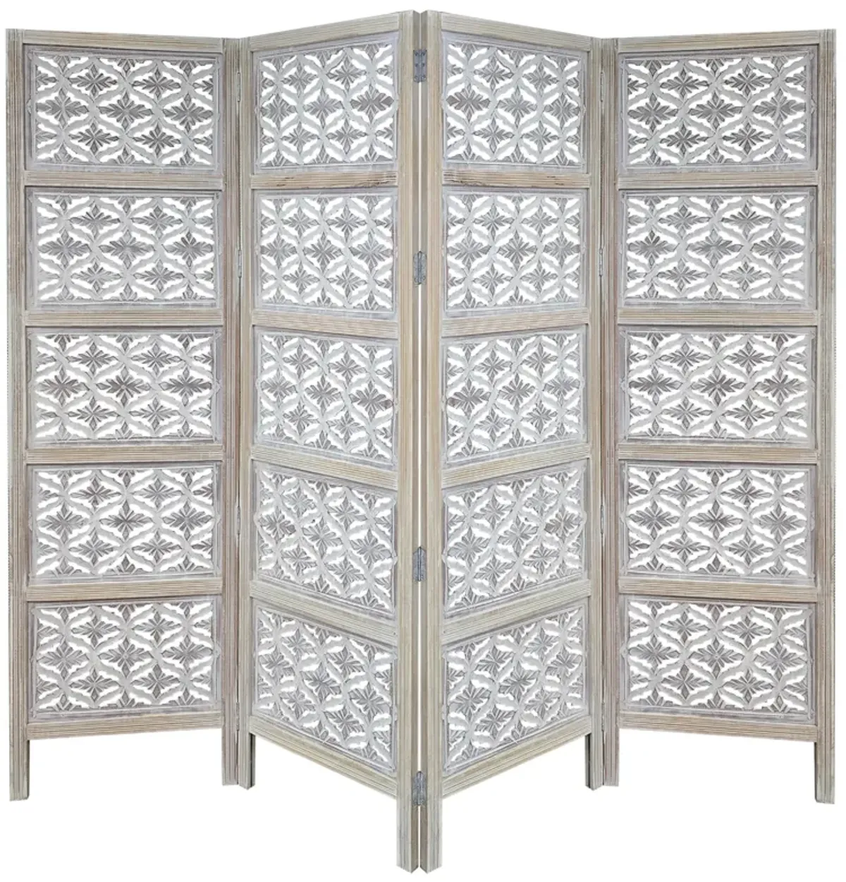 Taj 4 Panel Folding Room Divider Screen, Antique White Mango Wood, Floral Carved Design