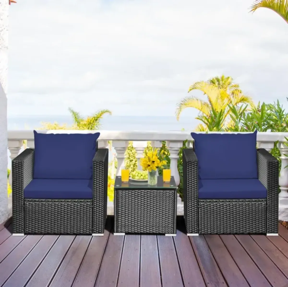 Hivvago 3 Pieces Patio Wicker Conversation Set with Cushion