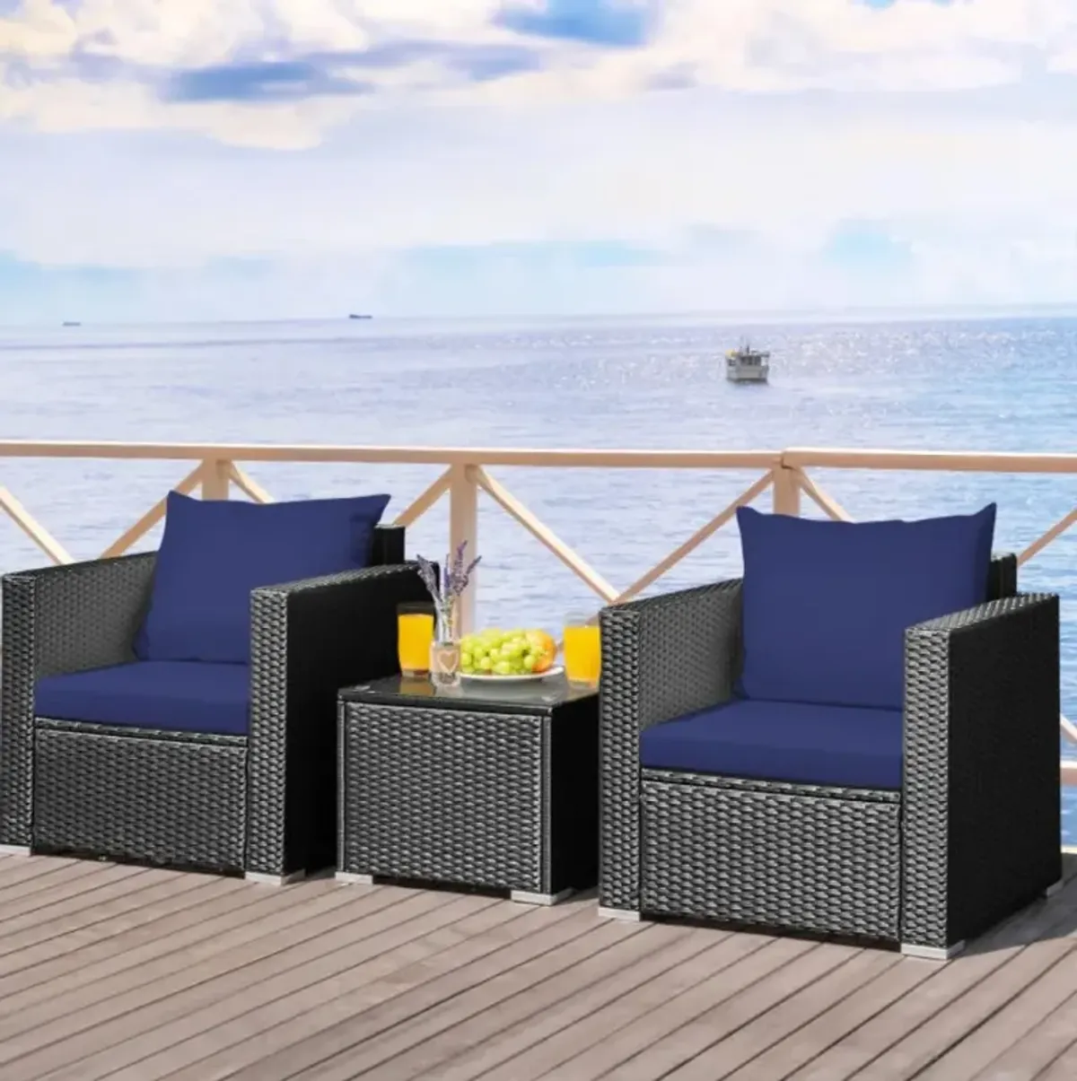 Hivvago 3 Pieces Patio Wicker Conversation Set with Cushion