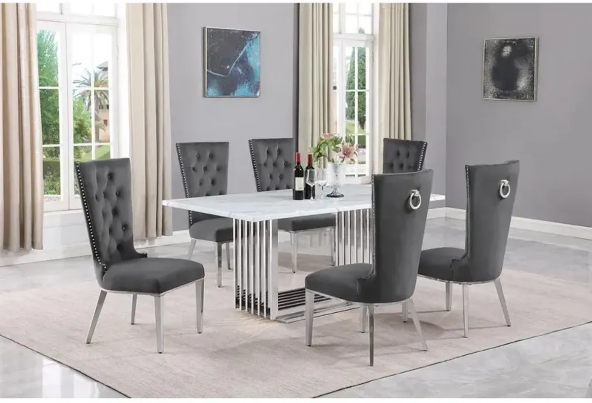 7pc Small(68") marble top dining set with silver base and 6 Dark grey chairs