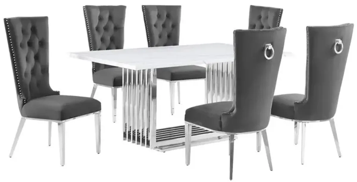 7pc Small(68") marble top dining set with silver base and 6 Dark grey chairs
