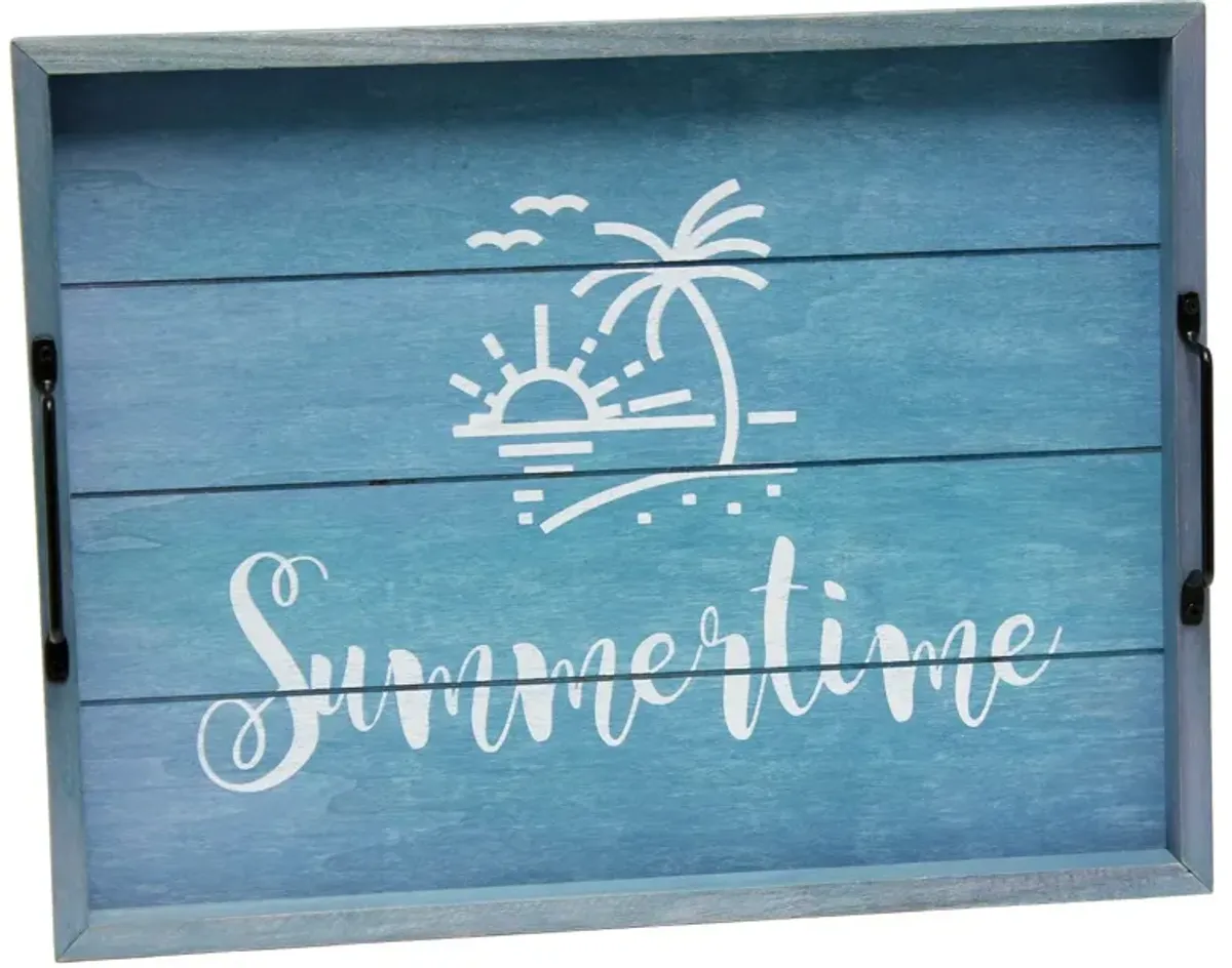 15.5" Blue Rectangular Wooden "Summertime" Serving Tray with Handles