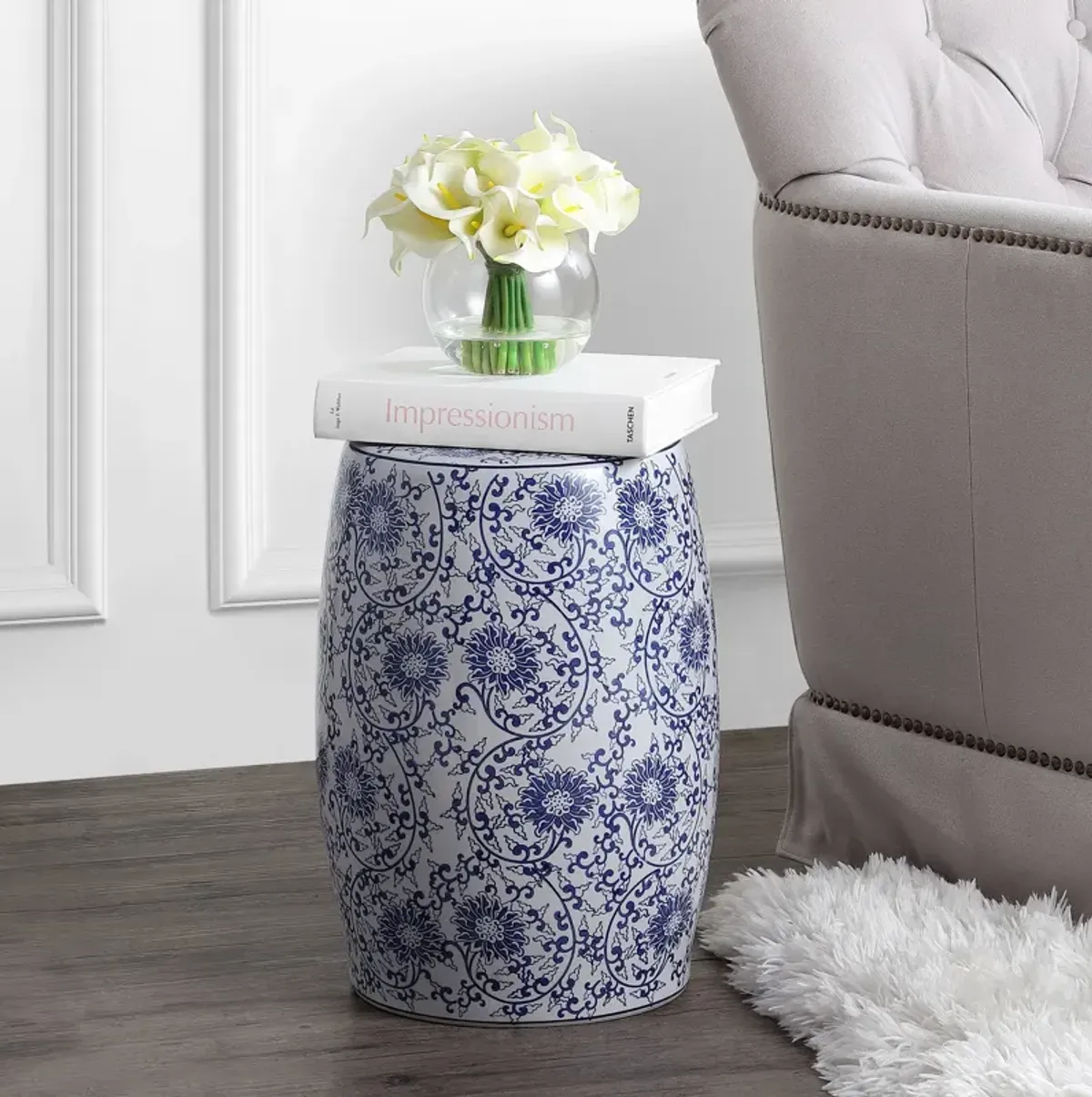 Lotus Blossom Chinoiserie Ceramic Drum Garden Stool