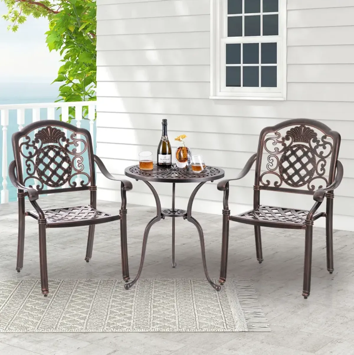 Patio Cast Aluminum Dining Chairs Set of 2 Metal Armchairs Stackable