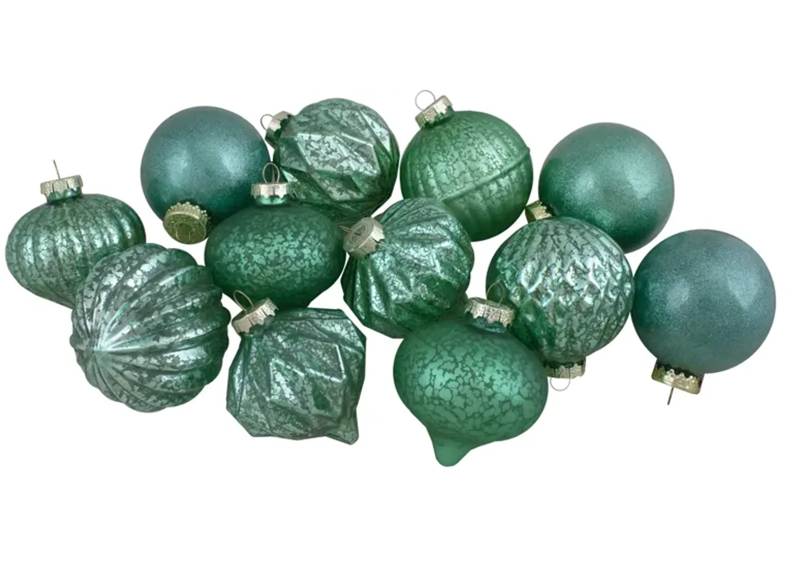 Set of 12 Green Finial and Glass Ball Christmas Ornaments