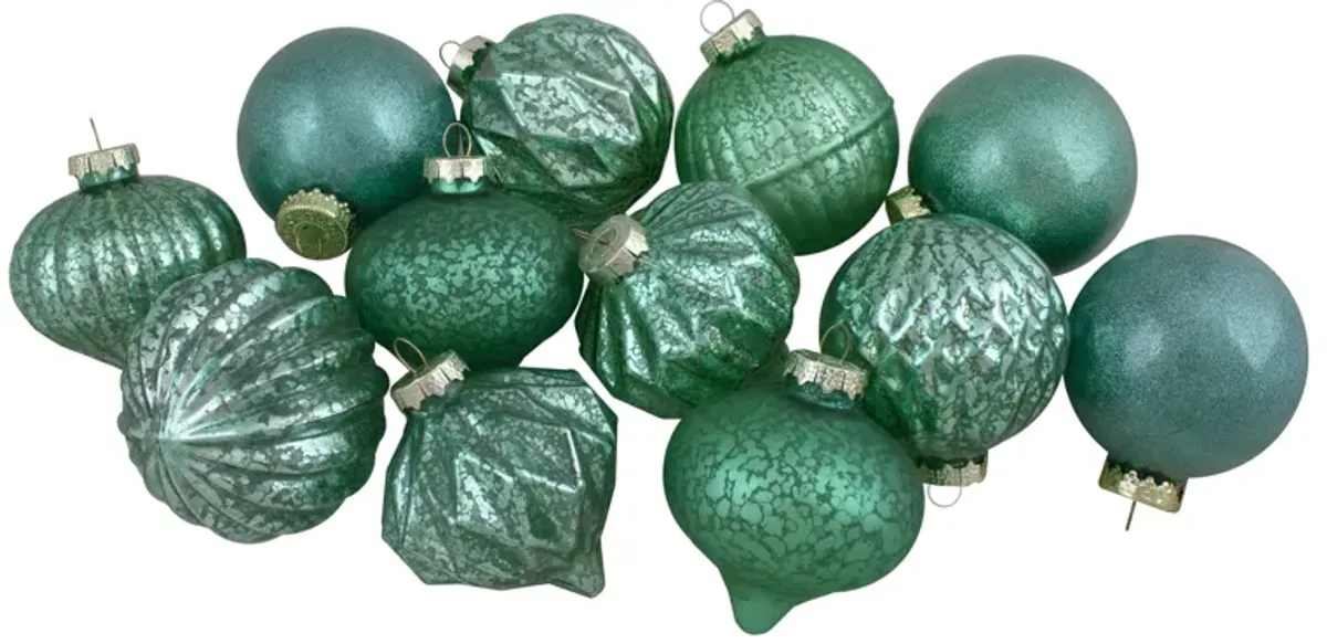 Set of 12 Green Finial and Glass Ball Christmas Ornaments